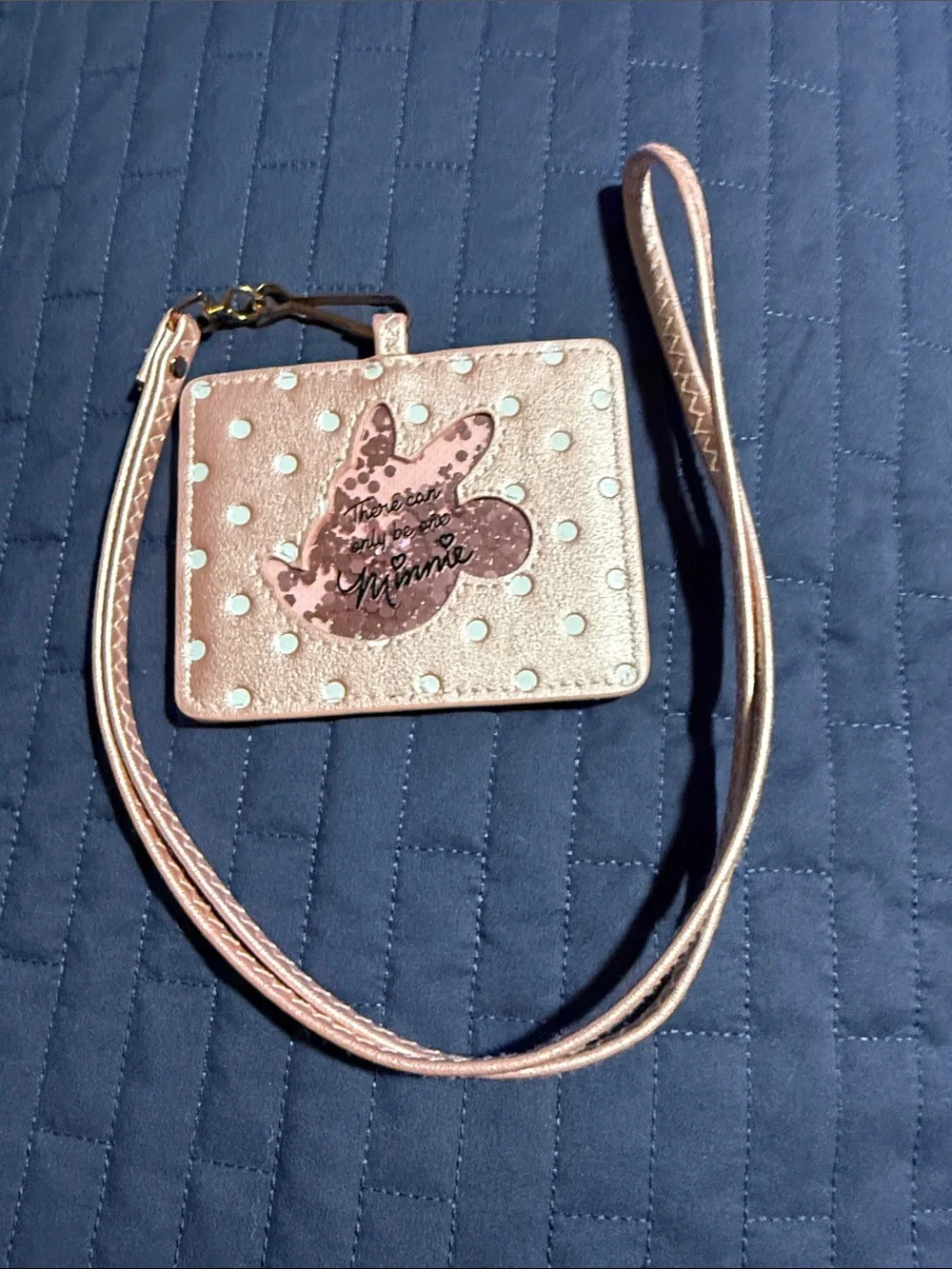Disney Loungefly Rose Gold Minnie Mouse Polka Dot Lanyard Card Holder